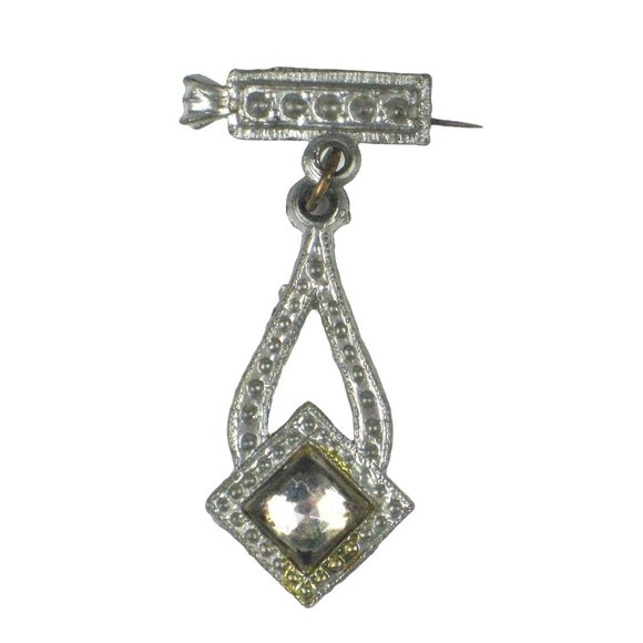 Brooch Pin Vintage Silvertone Dangle Rhinestone C Clasp - Picture 1 of 4